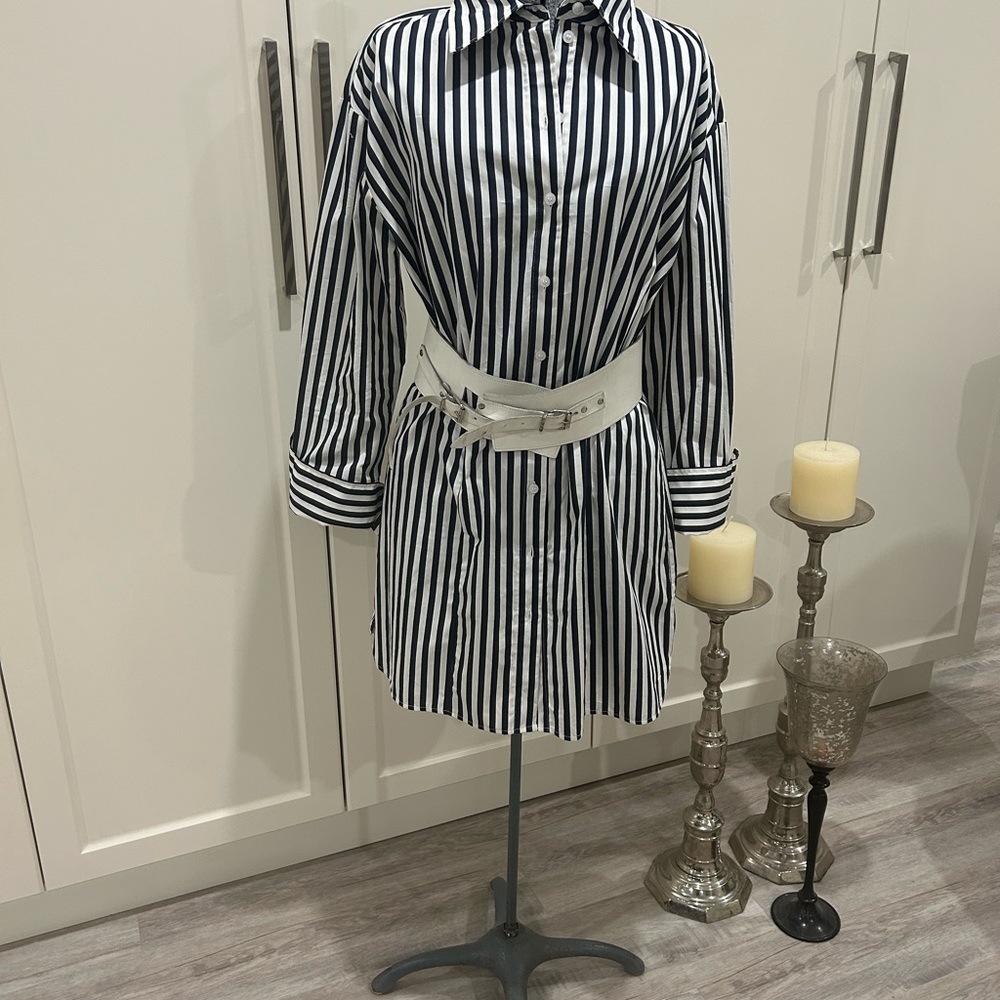 H&M Navy Striped Long Sleeve Full Buttoned Mini Dress - Picture 3 of 13